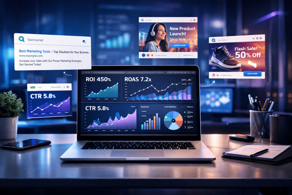 Modern digital marketing workspace showcasing a laptop with analytics dashboard displaying performance marketing strategy metrics like ROI, ROAS, and CTR, surrounded by floating search and social media ads in futuristic blue and purple lighting.