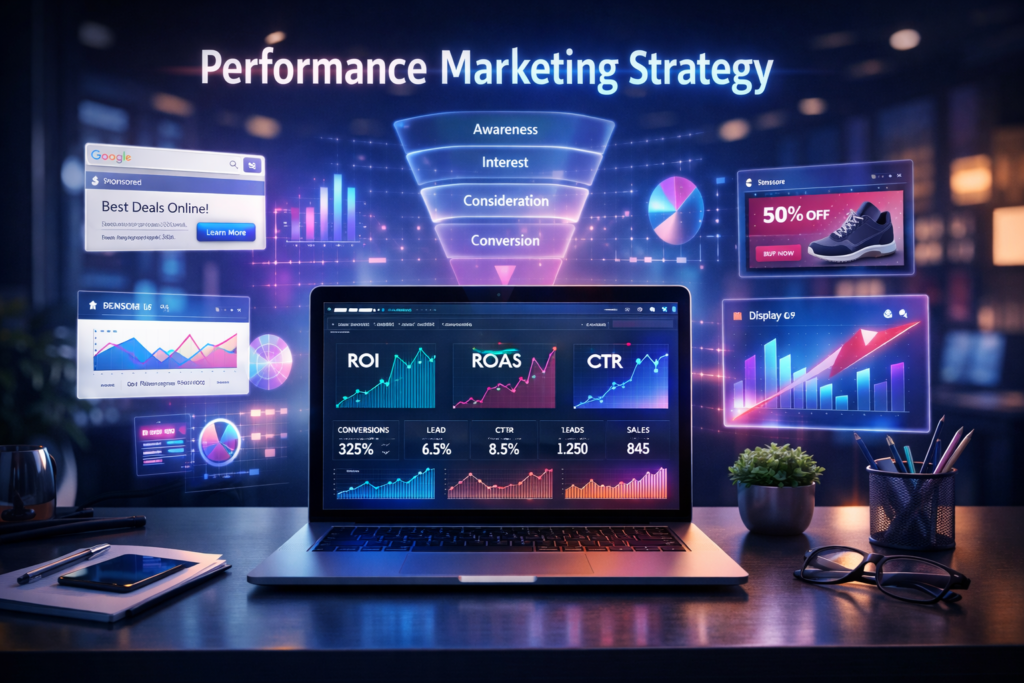 4K cinematic illustration of a modern digital workspace showcasing a laptop with performance marketing analytics dashboards displaying ROI, ROAS, and CTR metrics. Surrounding the screen are floating digital ads, a full-funnel marketing diagram (Awareness, Interest, Consideration, Conversion), growth charts, and upward revenue arrows. The scene features dramatic blue and purple lighting, sharp focus, depth of field, and a 16:9 aspect ratio, representing a data-driven performance marketing strategy in 2026.