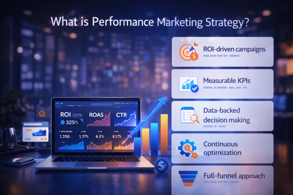 Cinematic 16:9 digital illustration titled “What is Performance Marketing Strategy?” featuring a laptop on a desk displaying analytics dashboards with ROI (325%), ROAS, CTR, and conversion metrics. An upward growth arrow and colorful bar graph rise beside the screen. On the right, highlighted panels list key elements: ROI-driven campaigns, measurable KPIs, data-backed decision making, continuous optimization, and full-funnel approach. The background shows a blurred cityscape with blue and purple lighting and depth of field for a modern, data-driven marketing theme.
