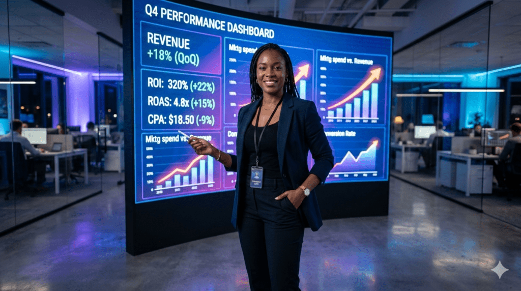 A medium-wide shot captures a female African American digital marketing professional standing confidently in a modern, open-plan office. She wears a dark blue blazer over a black top and dark trousers, with an ID lanyard, smiling as she looks at the camera. Her right hand rests in her pocket, and she gestures towards a large, curved LED performance dashboard behind her with her left hand. The screen displays key metrics: "REVENUE +18% (QoQ)," "ROI: 320% (+22%)," "ROAS: 4.8x (+15%)," "CPA: $18.50 (-9%)," along with upward-trending bar and line charts. Other office workers are visible in blurred background cubicles through glass partitions. The scene is illuminated by ambient blue and purple LED lighting, casting reflections on the concrete floor.